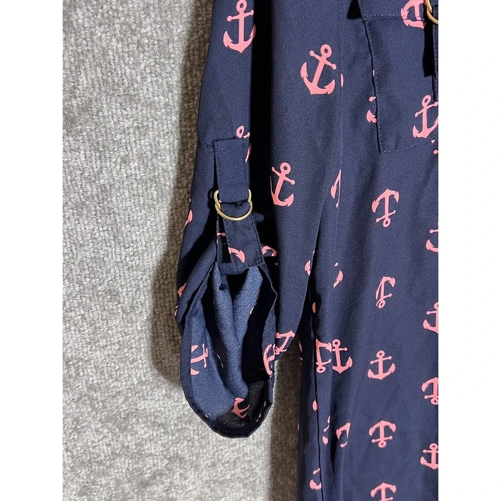 Rue 21 Tunic Top Womens Sz Small Blue Pink Anchor Nautical V-Neck Chest Pockets